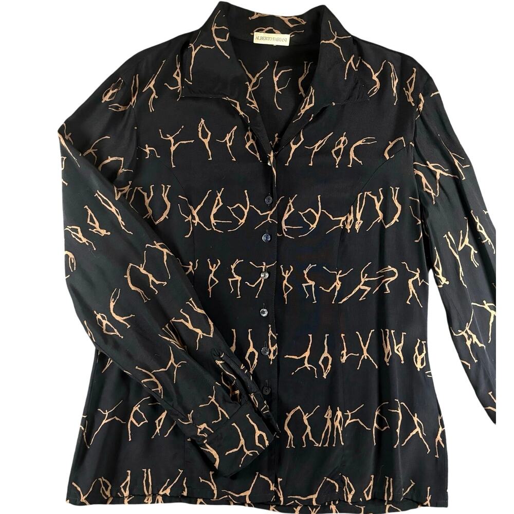 Vintage Alberto Fabiani Black Novelty Blouse US 10 / M Stick Figure